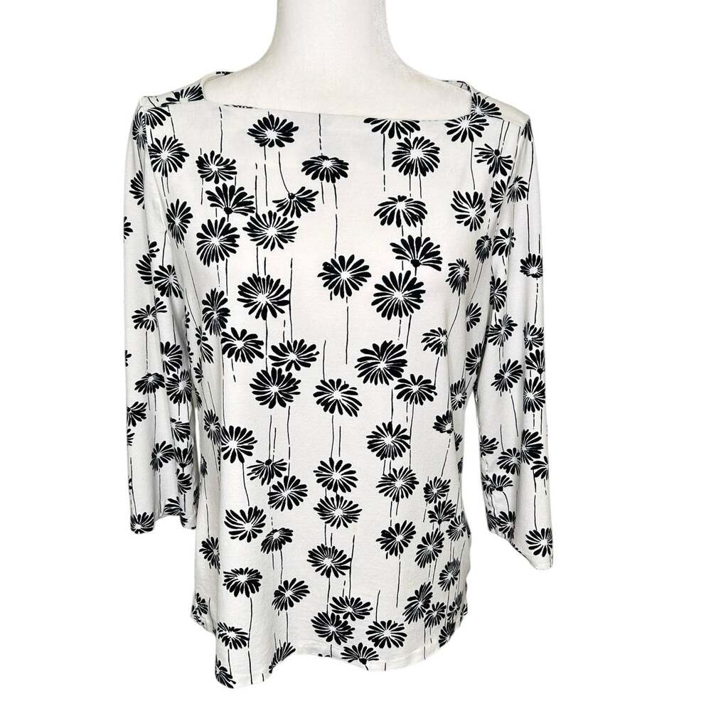 Talbots Cream Black Daisy Print Knit Bateau Neck 3/4 Sleeve Top Large